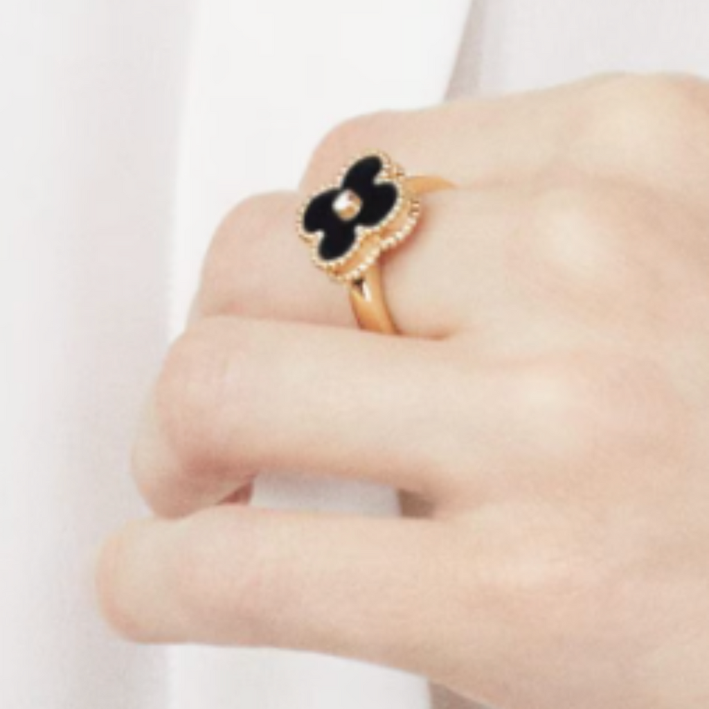 Amber Ring - Elegant 18k Gold & Sterling Silver with Black Stone-2